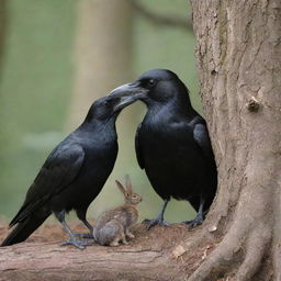 An aged crow making a gentle encounter with a timid young rabbit hiding in the shadow of a hollow tree