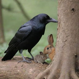 An aged crow making a gentle encounter with a timid young rabbit hiding in the shadow of a hollow tree