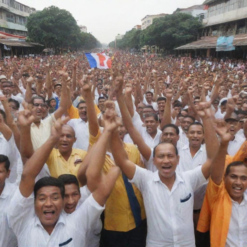 A celebratory scene showcasing the spirit of 'Merdeka' (Independence) filled with optimistic individuals achieving notable successes