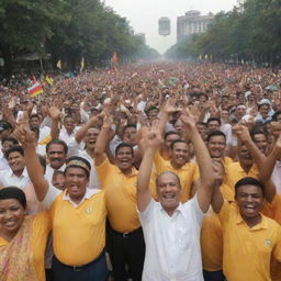 A celebratory scene showcasing the spirit of 'Merdeka' (Independence) filled with optimistic individuals achieving notable successes