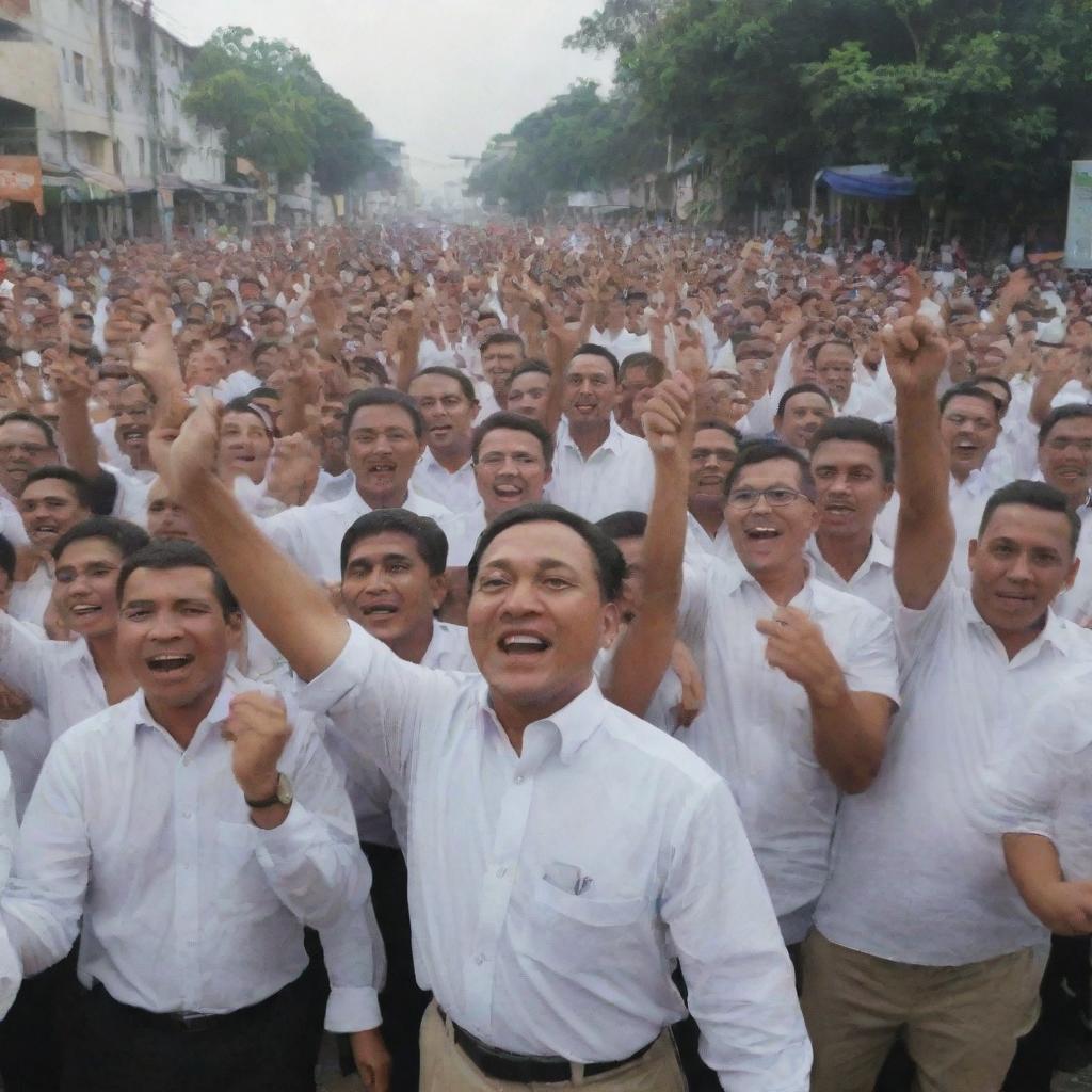 A celebratory scene showcasing the spirit of 'Merdeka' (Independence) filled with optimistic individuals achieving notable successes