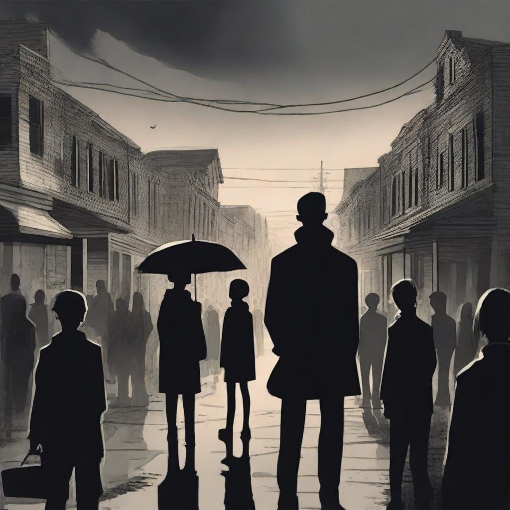 A high-quality digital art image capturing an eerie, shadow-infested town