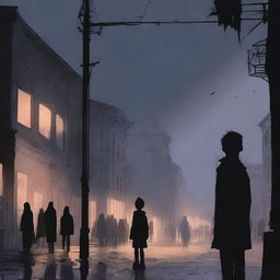 A high-quality digital art image capturing an eerie, shadow-infested town