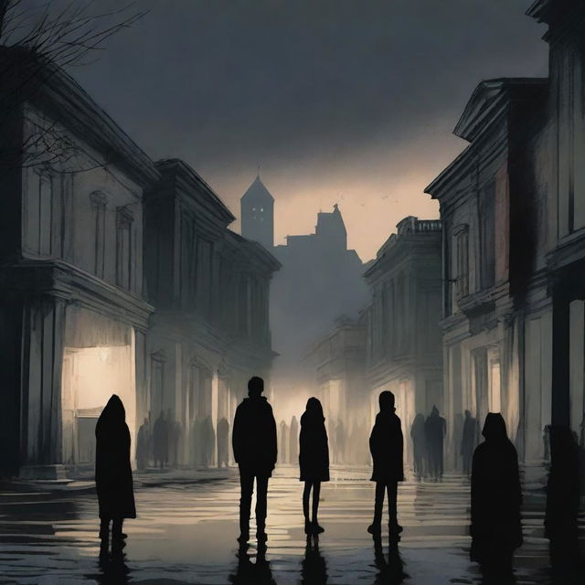 A high-quality digital art image capturing an eerie, shadow-infested town