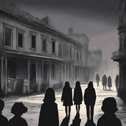 A high-quality digital art image capturing an eerie, shadow-infested town