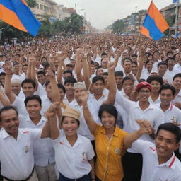 A celebratory scene showcasing the spirit of 'Merdeka' (Independence) filled with optimistic individuals achieving notable successes