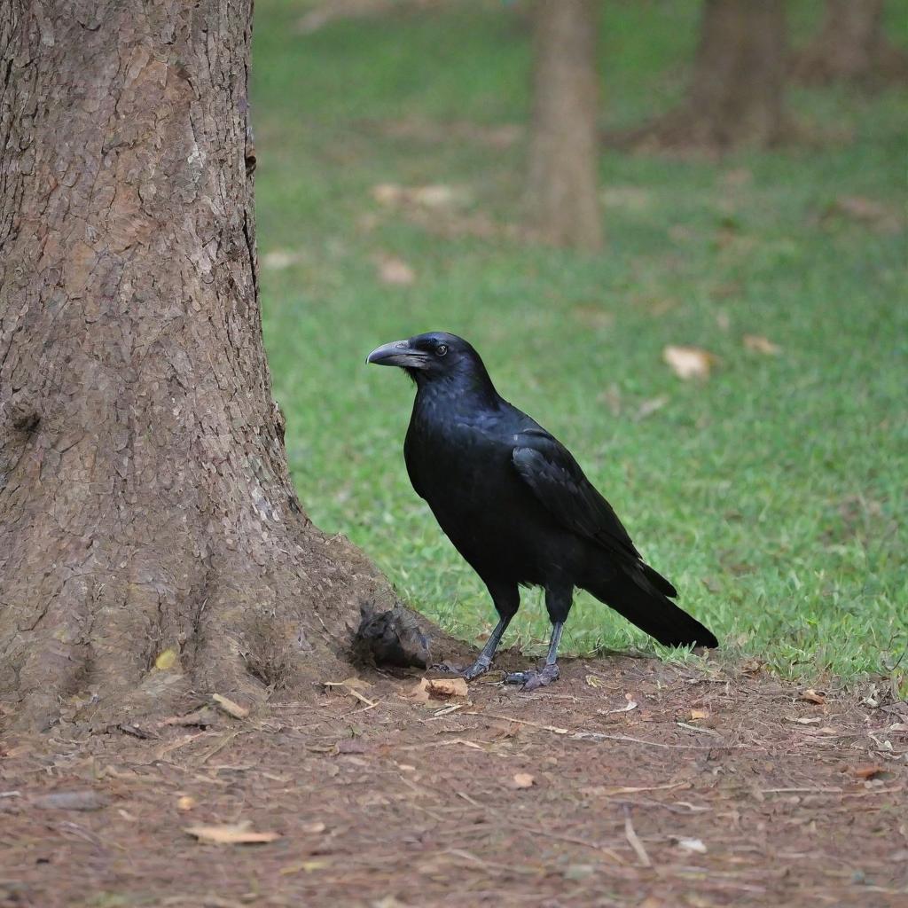 One solitary old crow making an encounter with a single young rabbit, perennially seeking refuge in the cool shade of a tree hollow