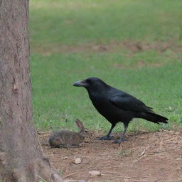 One solitary old crow making an encounter with a single young rabbit, perennially seeking refuge in the cool shade of a tree hollow