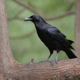 One solitary old crow making an encounter with a single young rabbit, perennially seeking refuge in the cool shade of a tree hollow