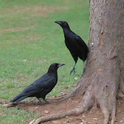 One solitary old crow making an encounter with a single young rabbit, perennially seeking refuge in the cool shade of a tree hollow