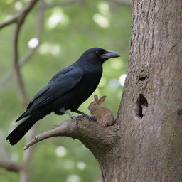 An encounter between one old crow and a lone young rabbit, who perpetually hides in the shade of a hollow in a tree