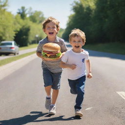 A playful, 6-year-old boy joyfully clutching onto a delicious looking burger, running along a sunlit road, laughingly chased by a cartoonish figure named Jon.