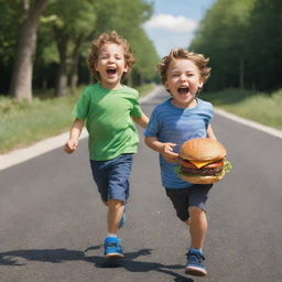 A playful, 6-year-old boy joyfully clutching onto a delicious looking burger, running along a sunlit road, laughingly chased by a cartoonish figure named Jon.