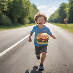 A playful, 6-year-old boy joyfully clutching onto a delicious looking burger, running along a sunlit road, laughingly chased by a cartoonish figure named Jon.