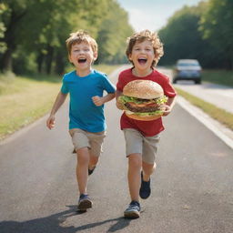 A playful, 6-year-old boy joyfully clutching onto a delicious looking burger, running along a sunlit road, laughingly chased by a cartoonish figure named Jon.