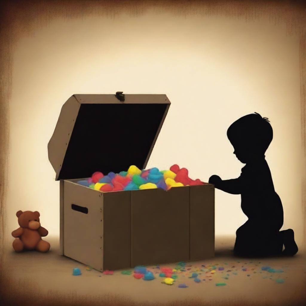 A high-quality digital art poster, showcasing a child seen from the back, immersed in shadows, playing with a multitude of toys that are spilling out from an old-fashioned wooden toy box