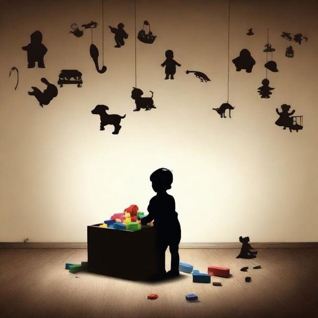 A high-quality digital art poster, showcasing a child seen from the back, immersed in shadows, playing with a multitude of toys that are spilling out from an old-fashioned wooden toy box