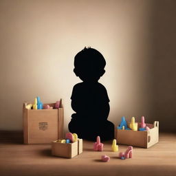 A high-quality digital art poster, showcasing a child seen from the back, immersed in shadows, playing with a multitude of toys that are spilling out from an old-fashioned wooden toy box