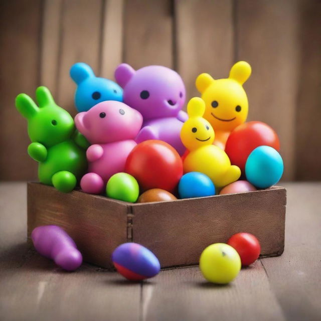 A high-quality digital art poster depicting an array of toys springing to life and emerging from a rustic wooden box