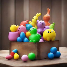 A high-quality digital art poster depicting an array of toys springing to life and emerging from a rustic wooden box