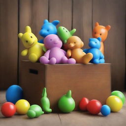 A high-quality digital art poster depicting an array of toys springing to life and emerging from a rustic wooden box