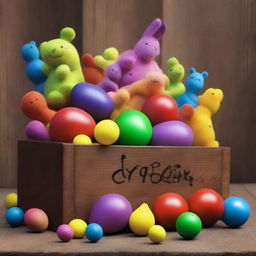 A high-quality digital art poster depicting an array of toys springing to life and emerging from a rustic wooden box