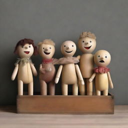 A high-quality digital art poster featuring puppets and wooden dolls emerging from a wooden box