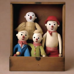 A high-quality digital art poster featuring puppets and wooden dolls emerging from a wooden box