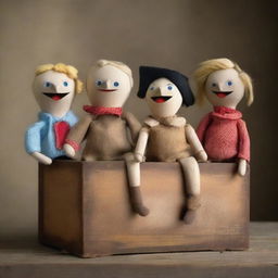 A high-quality digital art poster featuring puppets and wooden dolls emerging from a wooden box