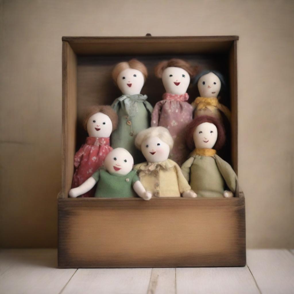 A high-quality digital art poster featuring puppets and wooden dolls emerging from a wooden box