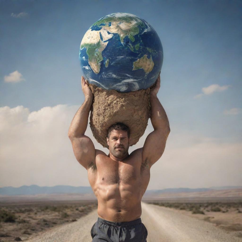 A strong man carrying the Earth on his shoulders, reminiscent of the Greek Titan Atlas