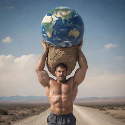 A strong man carrying the Earth on his shoulders, reminiscent of the Greek Titan Atlas