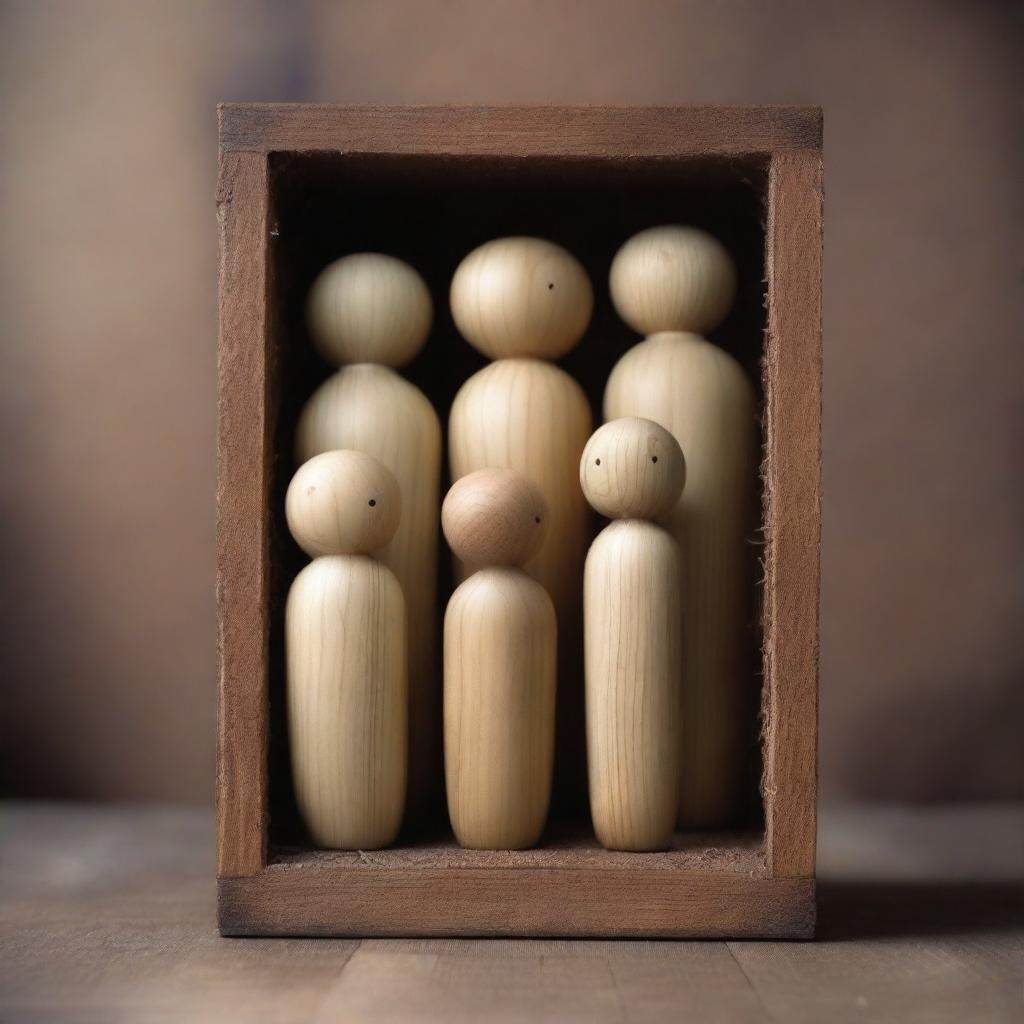 A high-quality digital art poster illustrating wooden dolls emerging from a wooden box