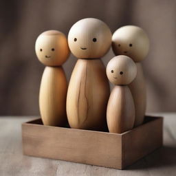 A high-quality digital art poster illustrating wooden dolls emerging from a wooden box