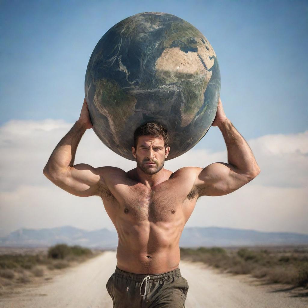 A strong man carrying the Earth on his shoulders, reminiscent of the Greek Titan Atlas