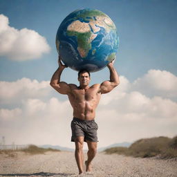 A strong man carrying the Earth on his shoulders, reminiscent of the Greek Titan Atlas