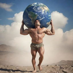 A strong man carrying the Earth on his shoulders, reminiscent of the Greek Titan Atlas