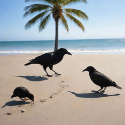 A crow and a rabbit jovially playing together on a sunny beach, with subtle wave ripples brushing against their feet and a gently swaying palm tree in the backdrop.