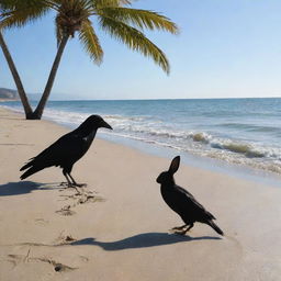 A crow and a rabbit jovially playing together on a sunny beach, with subtle wave ripples brushing against their feet and a gently swaying palm tree in the backdrop.