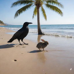 A crow and a rabbit jovially playing together on a sunny beach, with subtle wave ripples brushing against their feet and a gently swaying palm tree in the backdrop.