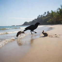 A crow and a rabbit jovially playing together on a sunny beach, with subtle wave ripples brushing against their feet and a gently swaying palm tree in the backdrop.