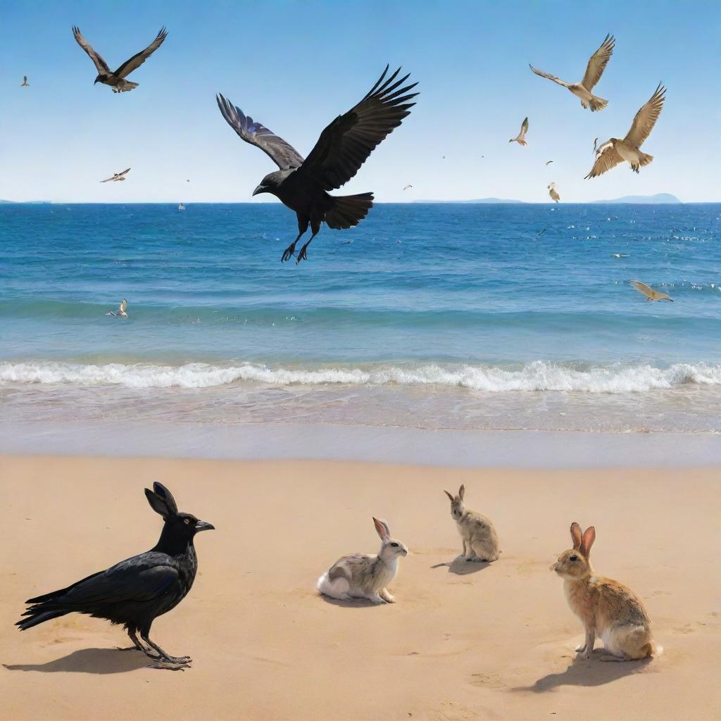 A crow, a rabbit, and other assorted animals, all merrily gathering on a sunny beach, with expressions of joy and happiness, against a backdrop of serene blue sea and golden sands.