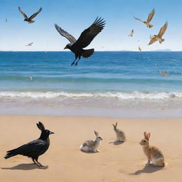 A crow, a rabbit, and other assorted animals, all merrily gathering on a sunny beach, with expressions of joy and happiness, against a backdrop of serene blue sea and golden sands.