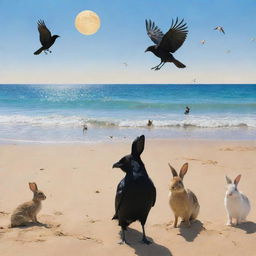 A crow, a rabbit, and other assorted animals, all merrily gathering on a sunny beach, with expressions of joy and happiness, against a backdrop of serene blue sea and golden sands.