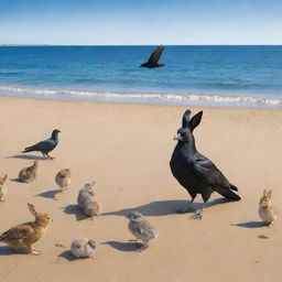 A crow, a rabbit, and other assorted animals, all merrily gathering on a sunny beach, with expressions of joy and happiness, against a backdrop of serene blue sea and golden sands.