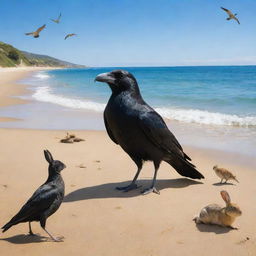 A crow, a rabbit, and other assorted animals, all merrily gathering on a sunny beach, with expressions of joy and happiness, against a backdrop of serene blue sea and golden sands.