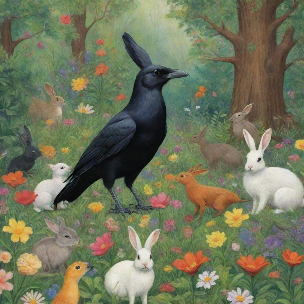 A crow, a rabbit, and various other animals joyously gathering in a vibrant forest, exhibiting expressions of pure happiness, surrounded by tall, lush green trees and blooming flowers.