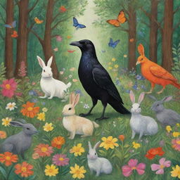 A crow, a rabbit, and various other animals joyously gathering in a vibrant forest, exhibiting expressions of pure happiness, surrounded by tall, lush green trees and blooming flowers.