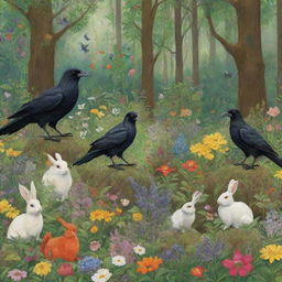 A crow, a rabbit, and various other animals joyously gathering in a vibrant forest, exhibiting expressions of pure happiness, surrounded by tall, lush green trees and blooming flowers.