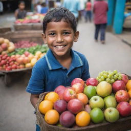 A portrait of a small Indian boy, cheerfully selling an array of vibrant, fresh fruits from a rustic street cart.